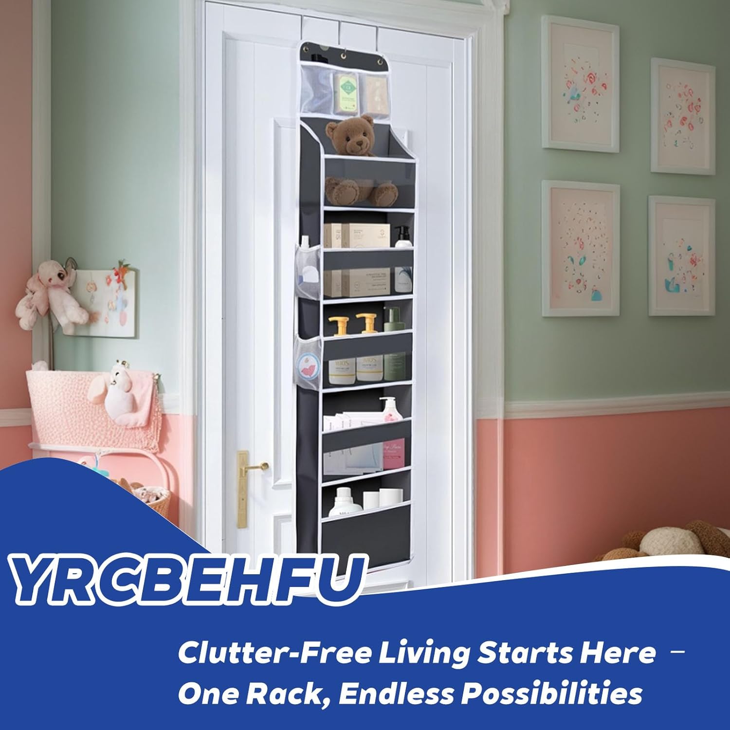 Over The Door Organizer 6 Tier with 12 Pockets & Reinforced Hooks - 59" Hanging Storage Organizer for Bathroom, Nursery, Pantry & Laundry (Deep Grey)