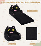 Foryoomi Kids Couch, 2-in-1 Soft Toddler Couch Fold Out with Blanket, Chair Comfy, Foldable Convertible Plush Sofa, Gifts for Kids Girl Boys, Black Cat