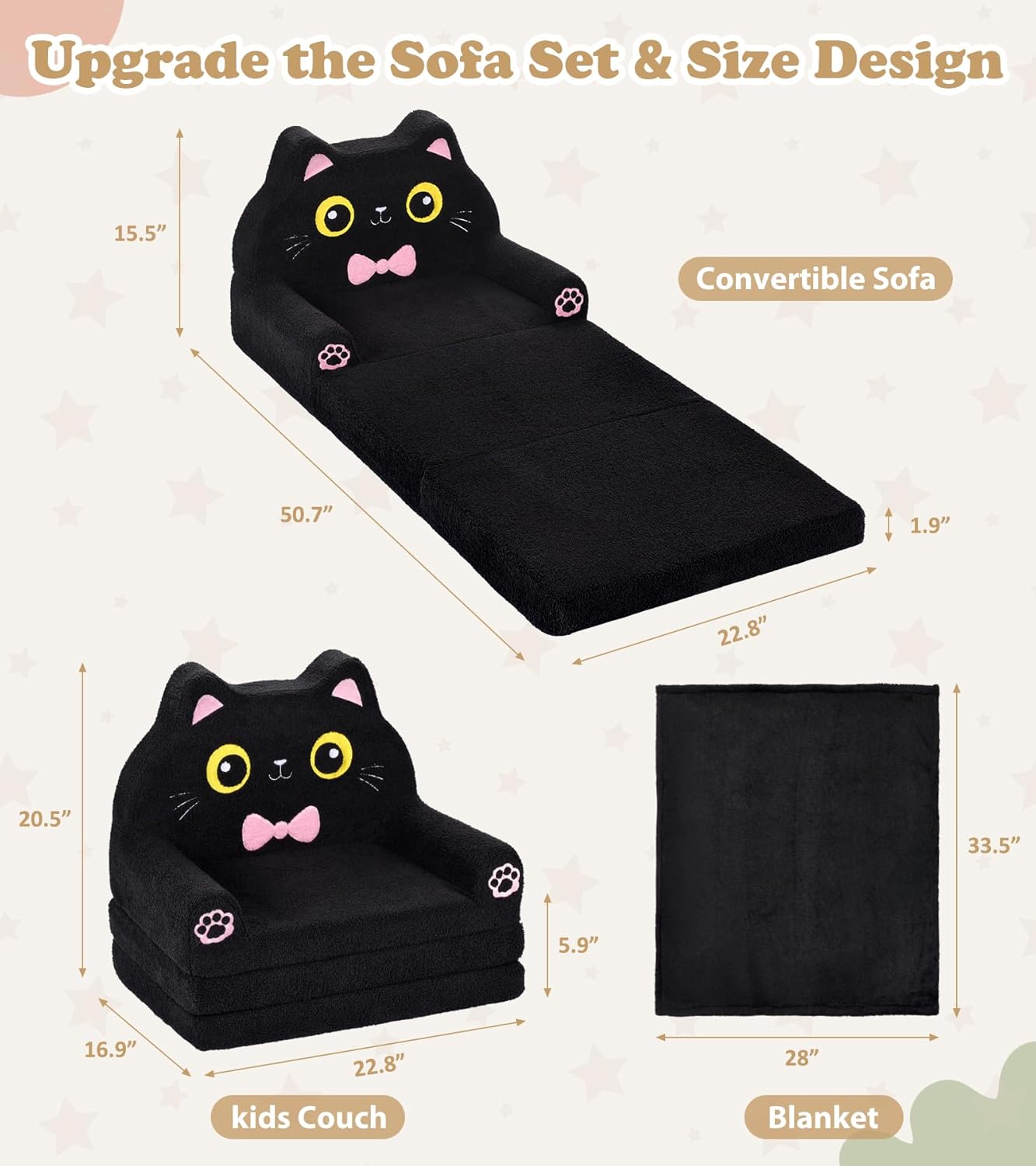 Foryoomi Kids Couch, 2-in-1 Soft Toddler Couch Fold Out with Blanket, Chair Comfy, Foldable Convertible Plush Sofa, Gifts for Kids Girl Boys, Black Cat