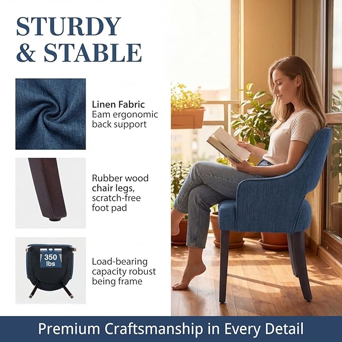 Farmhouse Dining Chairs Set of 2 Upholstered Linen Kitchen Chairs Accent Side Chair with Solid Wood Legs/Armrest for Living Room/Dining Room/Bedroom/Restaurant, Blue