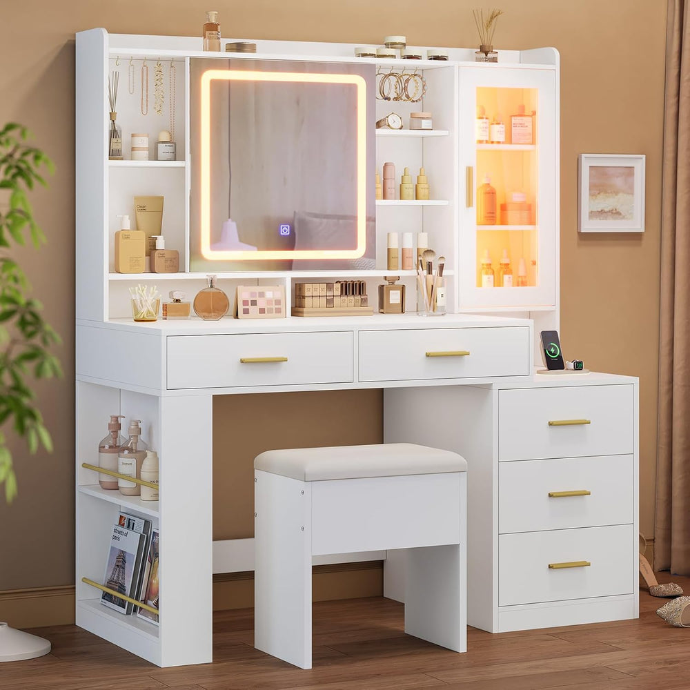 DICTAC Makeup Vanity Desk with Sliding LED Lighted Mirror, 47.2"W Large ...