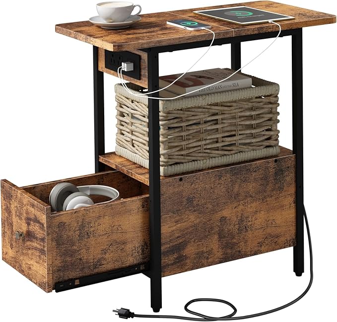 LIDYUK End Table with Charging Station, Narrow Side Table with Drawer and USB...