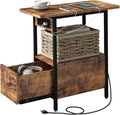LIDYUK End Table with Charging Station, Narrow Side Table with Drawer and USB Ports & Power Outlets, Nightstand Bedside Tables for Small Spaces, Bedroom, Living Room, Rustic Brown