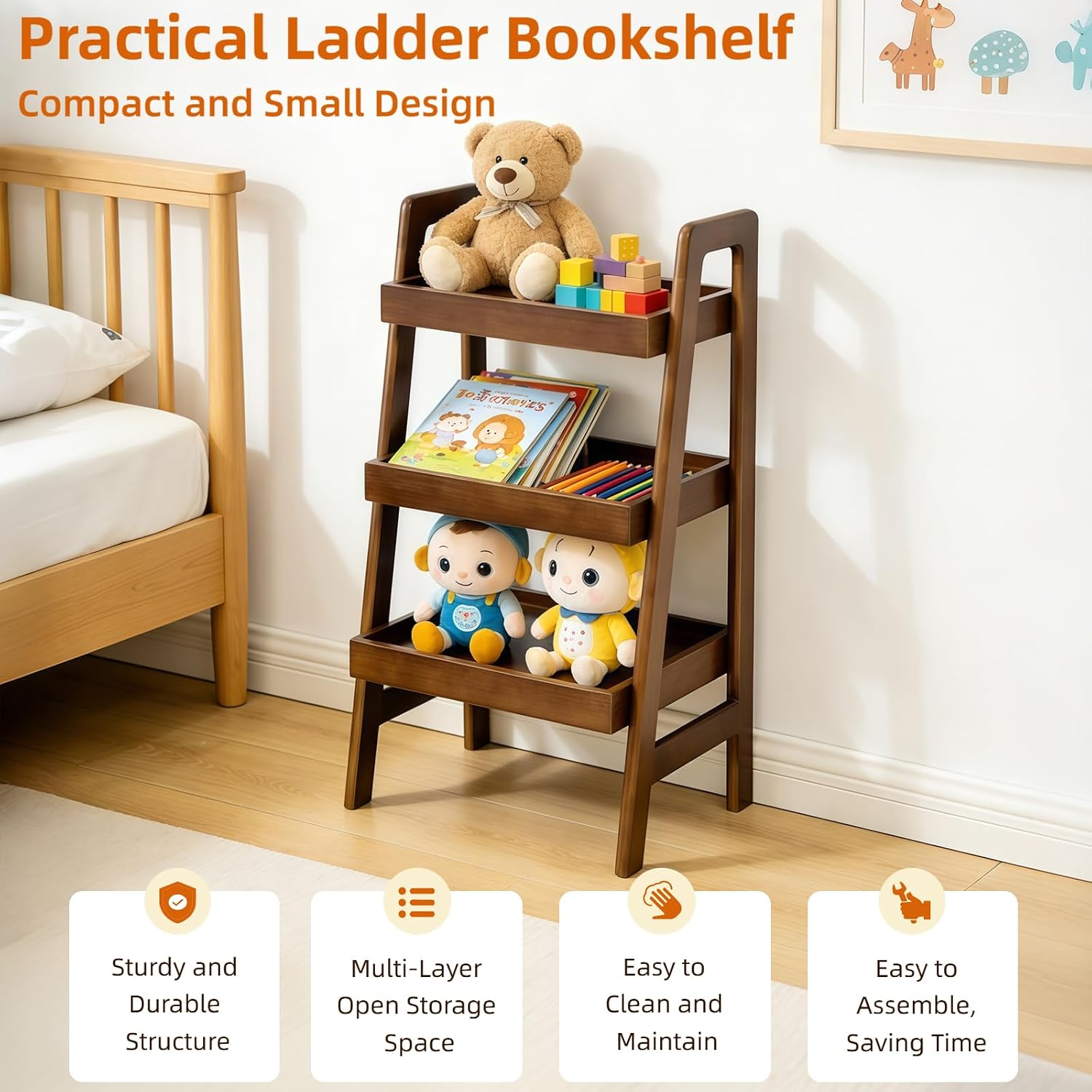 100% Solid Wood Ladder Shelf, 3 Tier Small Ladder Bookshelf, Freestanding Display Ladder Shelves with Open Storage for Living Room, Bedroom, Home Office, Saving Space, Walnut