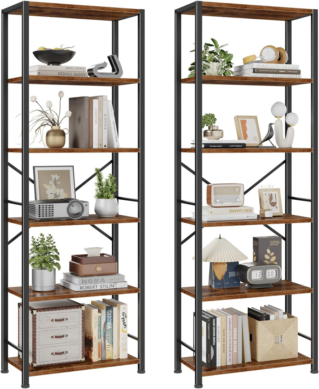 Furologee 6 Tier Book Shelf Set of 2, Tall Wide Bookshelf, Rustic Brown | 20'' Wide Industrial Storage Shelves with X Crossbar, Shelving Units for Bedroom, Kitchen, Office, Set of 2