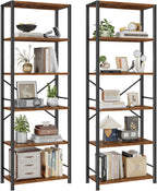 Furologee 6 Tier Book Shelf Set of 2, Tall Wide Bookshelf, Rustic Brown | 20'' Wide Industrial Storage Shelves with X Crossbar, Shelving Units for Bedroom, Kitchen, Office, Set of 2