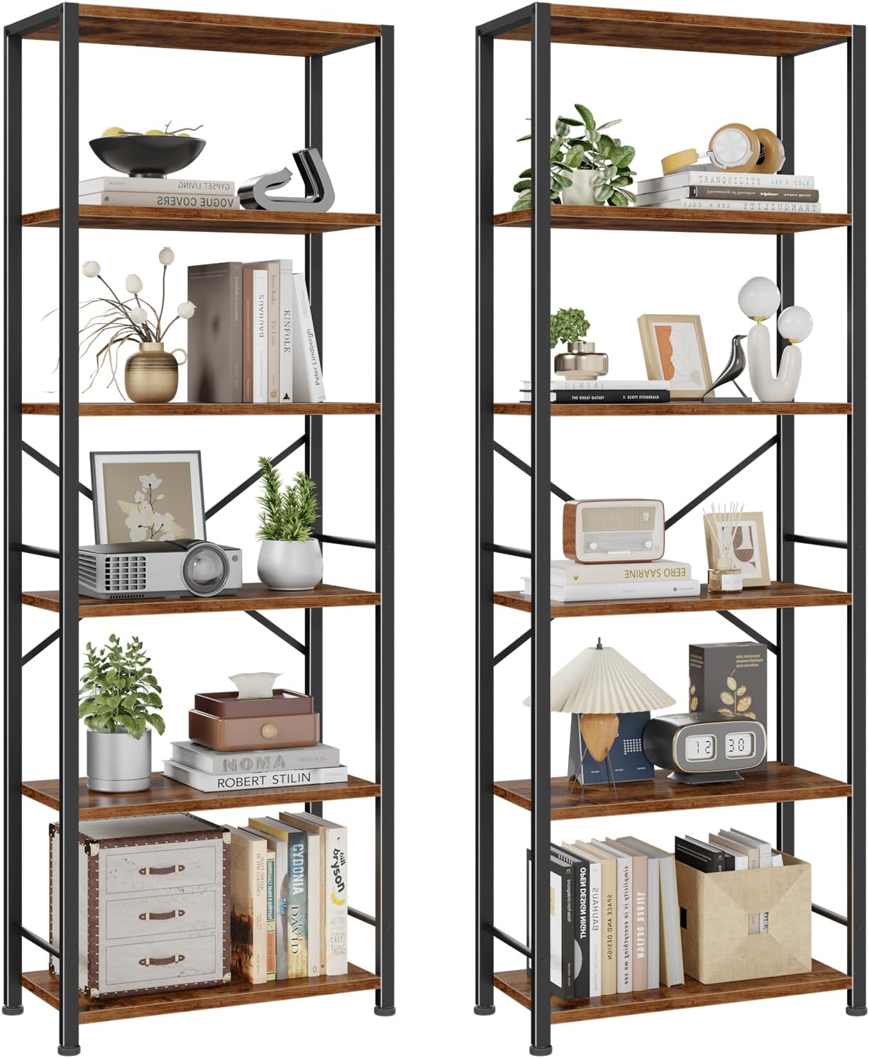 Furologee 6 Tier Book Shelf Set of 2, Tall Wide Bookshelf, Rustic Brown | 20'' Wide Industrial Storage Shelves with X Crossbar, Shelving Units for Bedroom, Kitchen, Office, Set of 2
