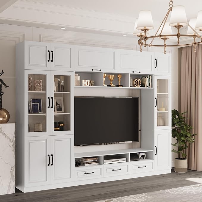 110.2" Entertainment Center Wall Unit with Glass Doors & Drawers, Large Wall Unit TV Stand for TVs up to 70", Media Console Table for Living Room, Can be Split into 4 Separate Cabinet, White