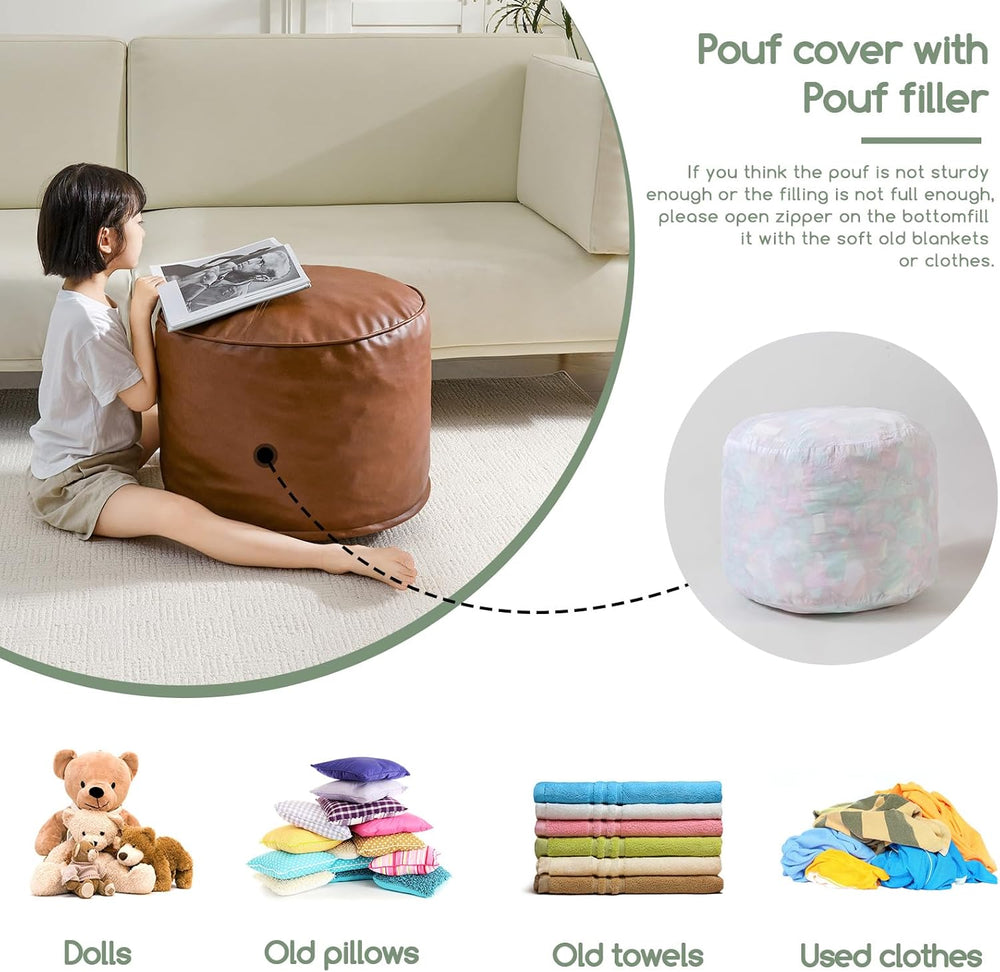 HIGOGOGO Round Stuffed Pouf Ottoman, Pu Leather Poufs with Foam Chunk Filling...