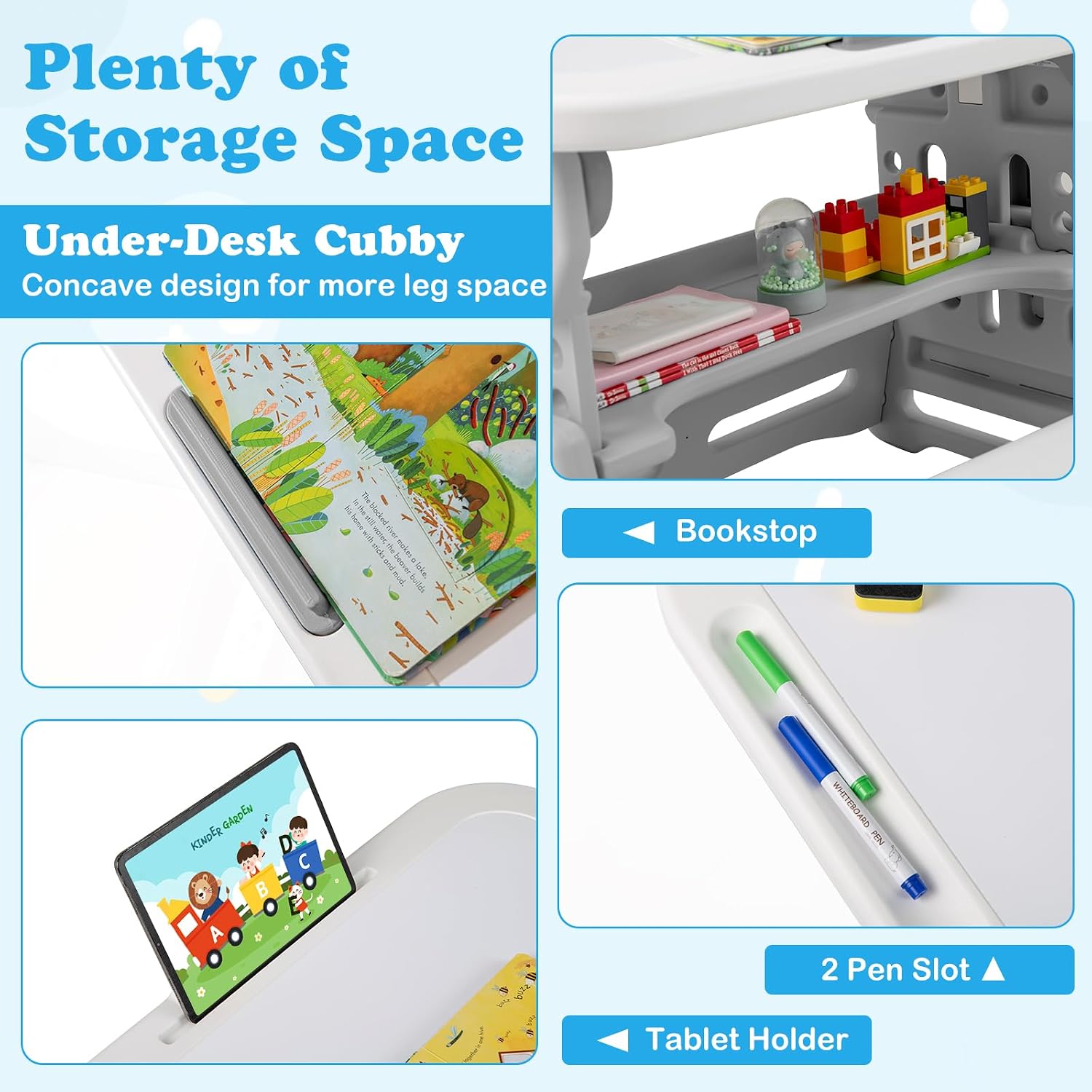 Costzon Kids Table and Chair Set, Height Adjustable Art Desk Set w/Whiteboard, Tilting Top, Storage Space, Tablet Holder & Markers, 4-in-1 Toddler Activity Furniture for Home Classroom Daycare (Gray)