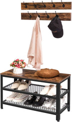 HOOBRO Hall Tree Entryway Storage Bench, Coat Rack Shoe Bench, Shoe Rack Organizer with Coat Hooks, 3-in-1 Design, Wooden Furniture with Metal Frame, Rustic Brown and Black BF17MT01