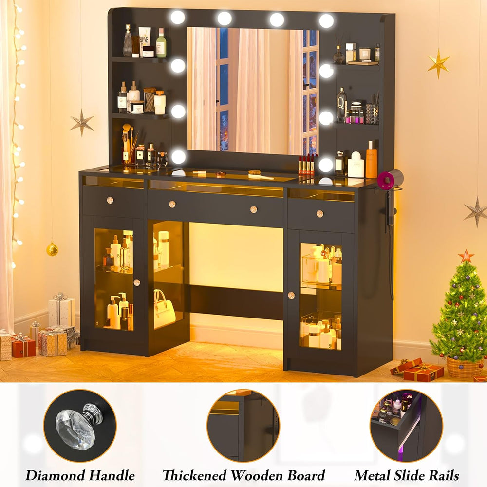 Vanity Desk W/6000-Colors Light&Power Outlet,Makeup Vanity Desk W/LED Mir...