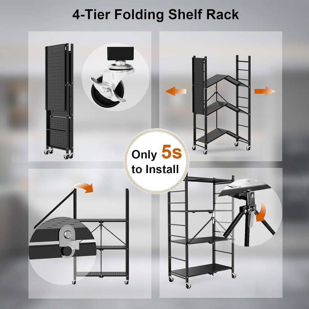 Himix 4-Tier Foldable Storage Shelf with Wheels 20 Hooks Black No Assembly