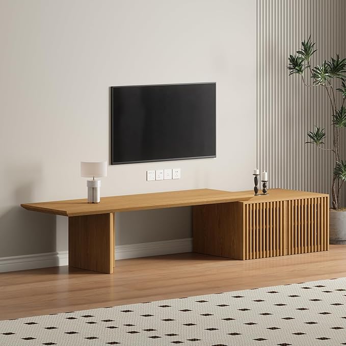 XEW Extendable TV Stand with Storage and Shelves, Wood Entertainment Center for 55+ Inch TV, Modern TV Console, Minimalist Media Console for Living Room, Bedroom-Wood (Extendable: 60.6"-84.3")