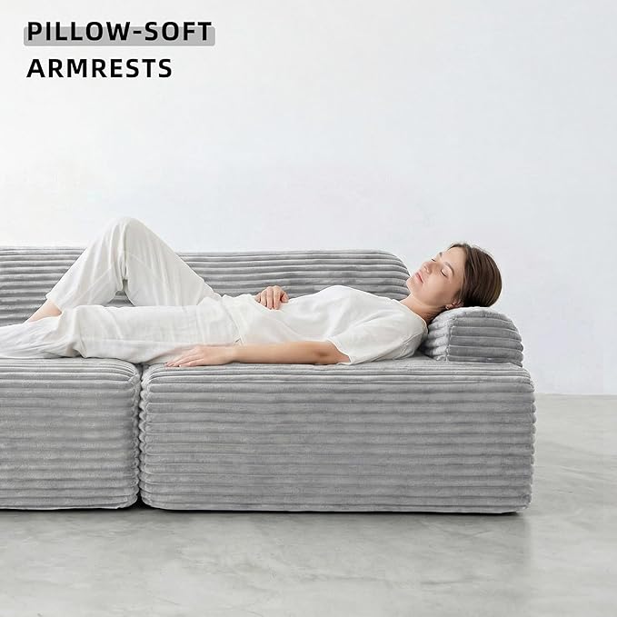 Modular Floor Sofa, Cozy Corduroy Sectional Couch with Fully Washable Covers, Frameless L Shaped Couch for Living Room, Family & Pet Friendly Lounge, No Assembly(Light Gray,Left Facing Chaise)