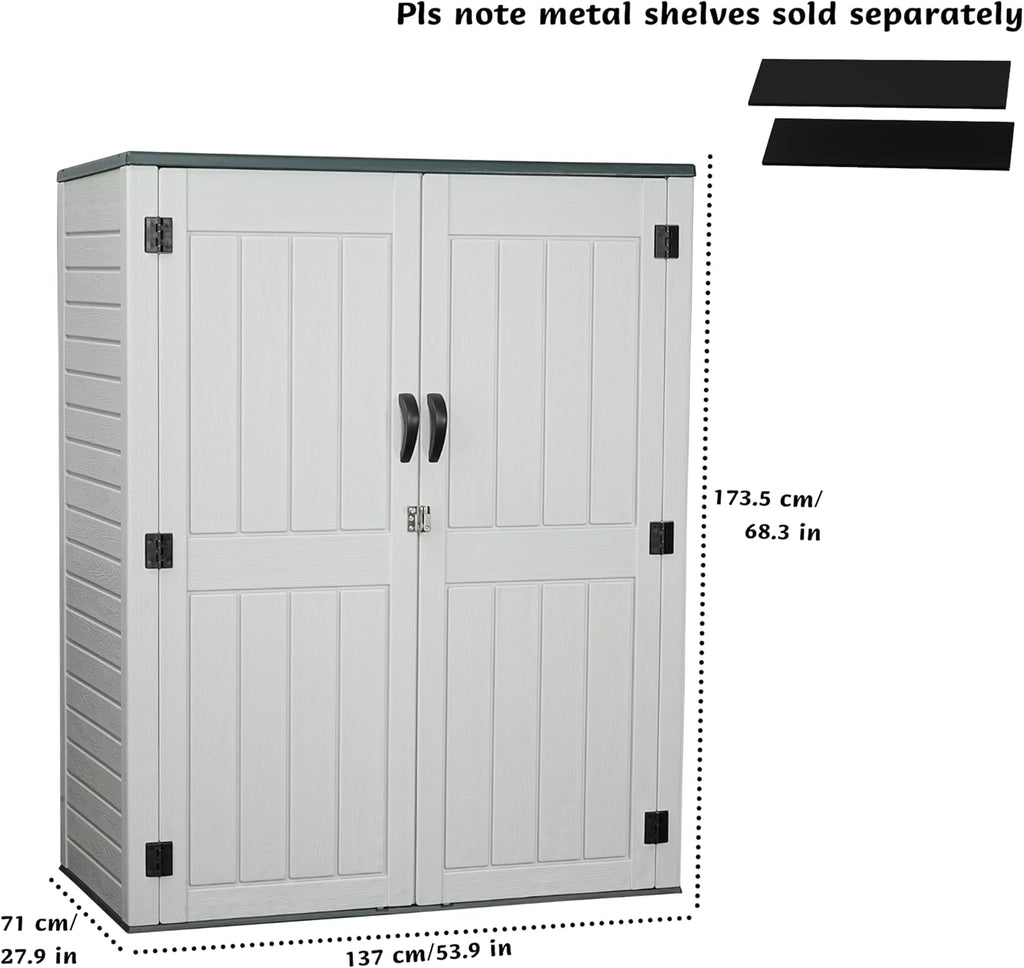 EHHLY Vertical Resin Storage Shed, 60 Cuft Garden Tool Sheds & Outdoor Storage, Plastic Outdoor Storage Cabinet Waterproof, 4.5 x 2.3 ft Backyard Outside Lawn Mower Storage Shed, Light Grey