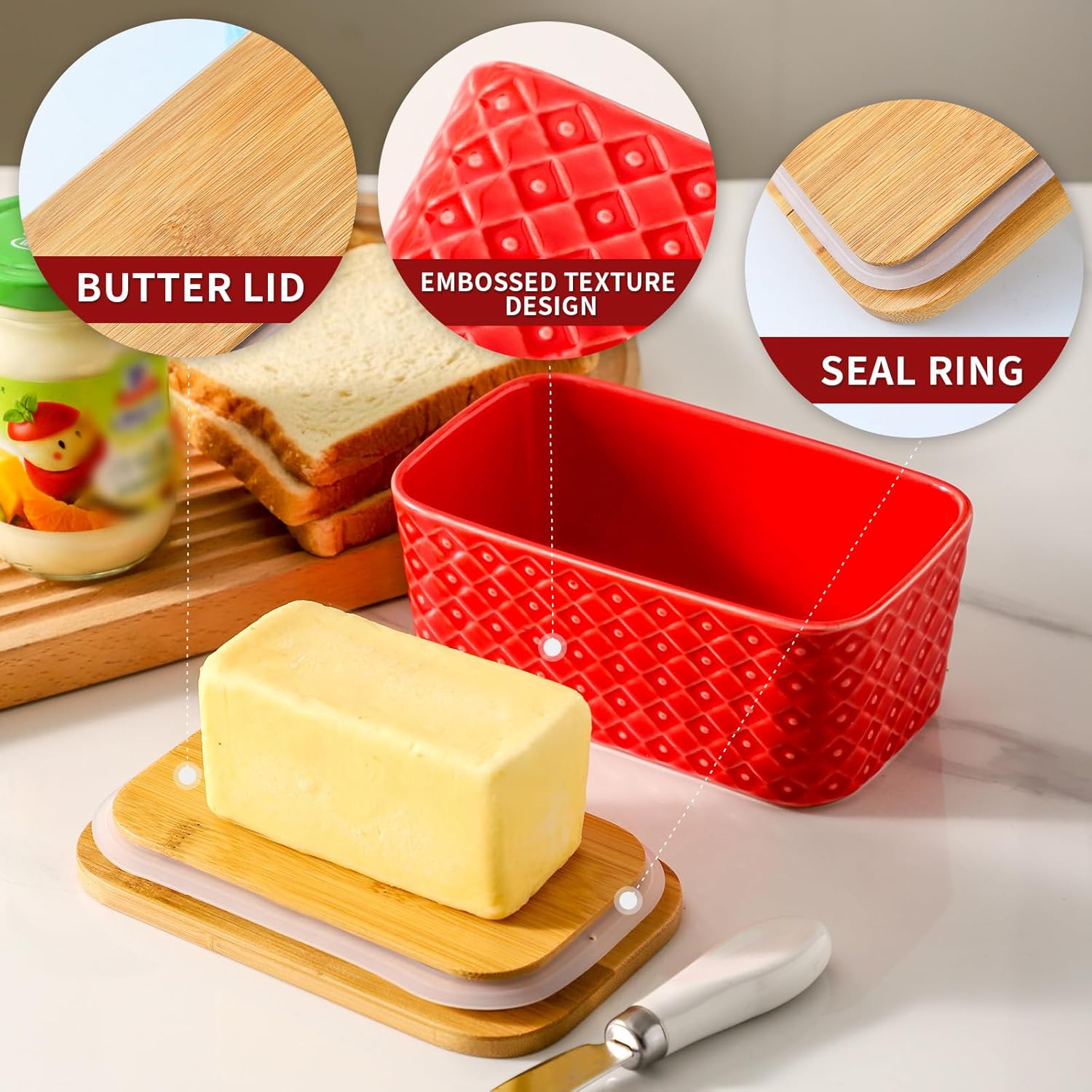Hasense Ceramic Butter Dish with Lid, Large Butter Holder for Countertop Airtight Butter Stick Covered Keeper, Red Embossed Pattern Design,Holiday Gift