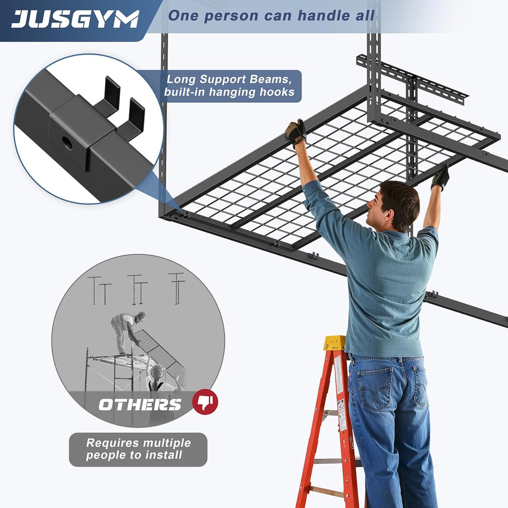 Jusgym 4X8FT Overhead Garage Storage Rack, 26"-40" Height Adjustable Garage Ceiling Storage Racks, Heavy Duty Metal Overhead Storage Organizer System, 750LBS Weight Capacity