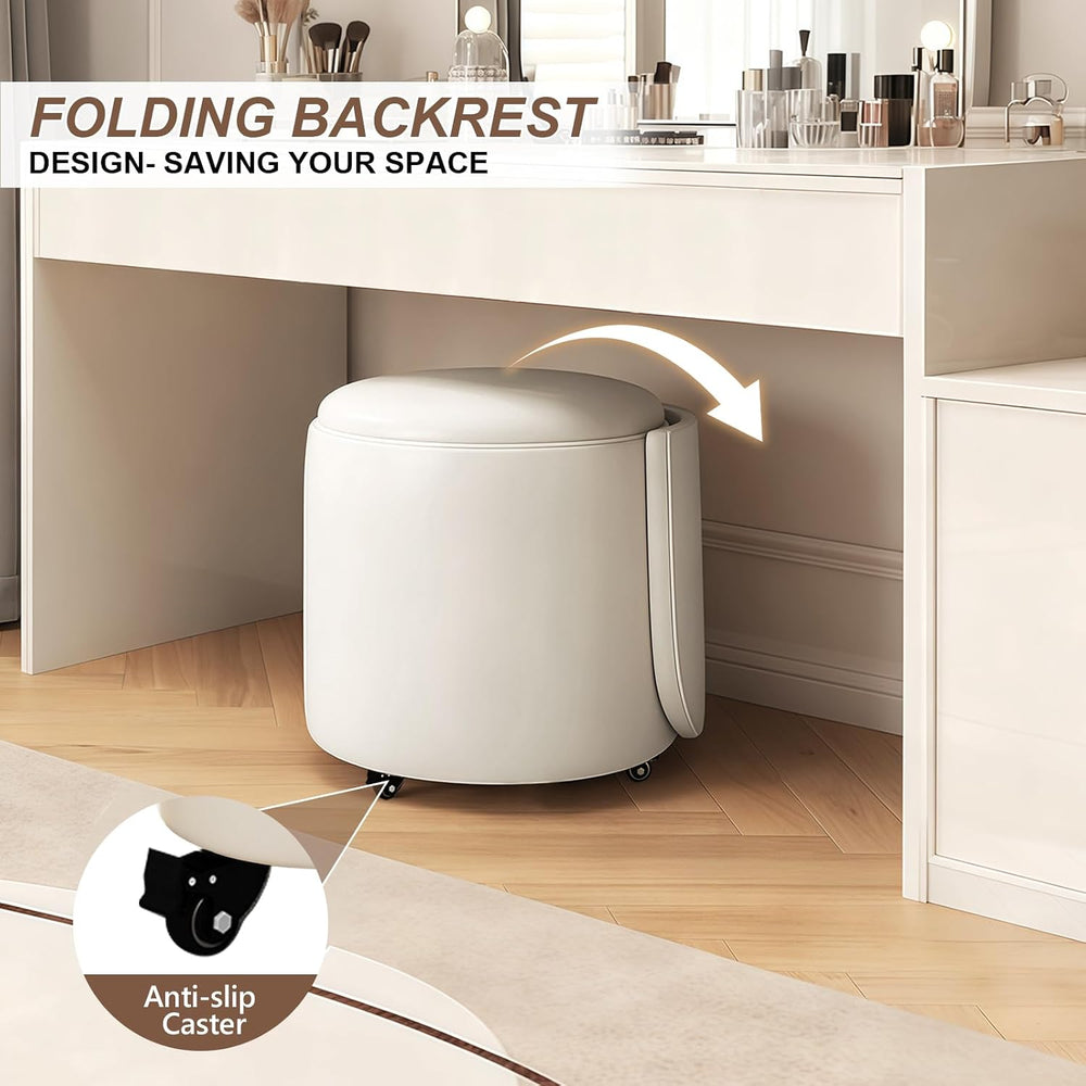 JPBSTO Rolling Round Vanity Chair with Storage, Swivel Makeup Chair with Fold...