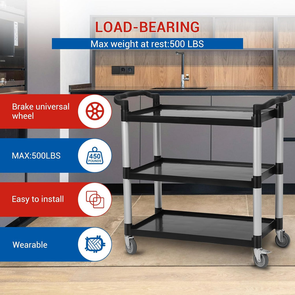 3-Tier Plastic Service Utility Cart with Wheels, Heavy Duty 3-Shelf Rolling Utility/Push Cart for Foodservice/Commercial/Restaurant/Office/Kitchen/Hotel, Black