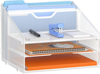 Letter Tray Organizer, Mesh Desk File Organizer with 3 Paper Trays and 2 Vertical Upright Section (White)