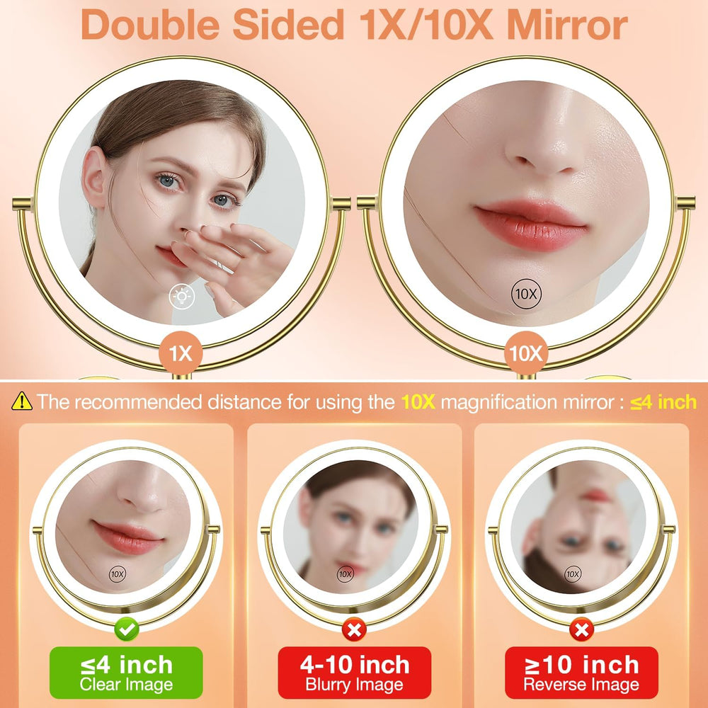 9" Wall Mounted LED Makeup Mirror, 1X/10X Magnifying Mirror Corded, Gold