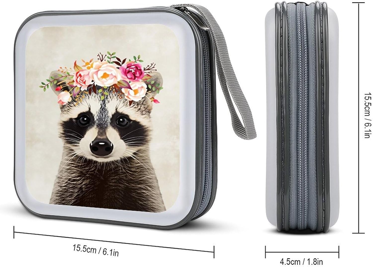 Funny Raccoon CD Case for 40 Discs, 6.1" Portable CD/DVD Storage Holder with Zipper, Protective Sleeves for Home & Travel