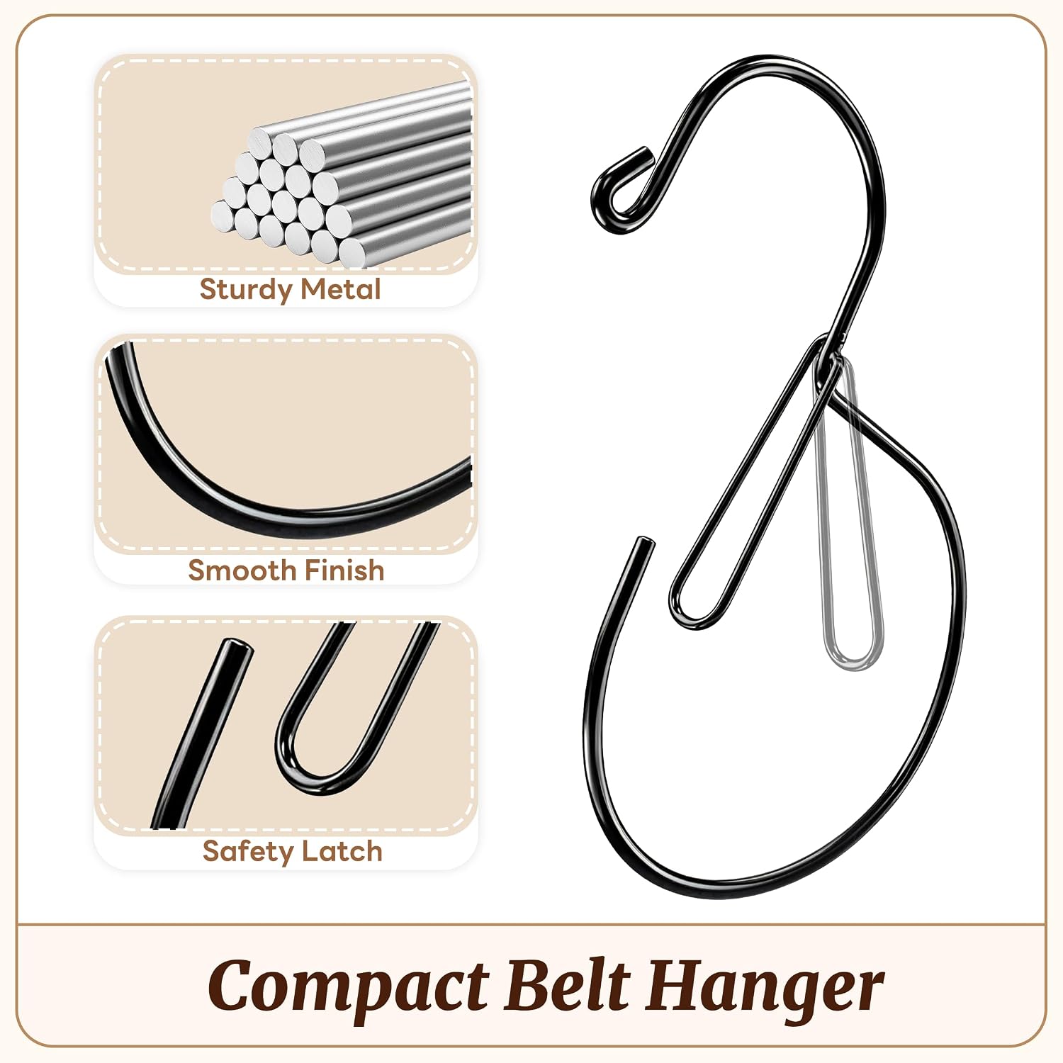 MEILIDY Metal Belt Hanger with Safety Buckle for Closet, Black, 2 Pcs | Compact Belt Rack, Easy to Hang, Fits for Belts, Ties, Jeans, Scarves, Hats, Purses, Jewelries, Cords, Carabiners
