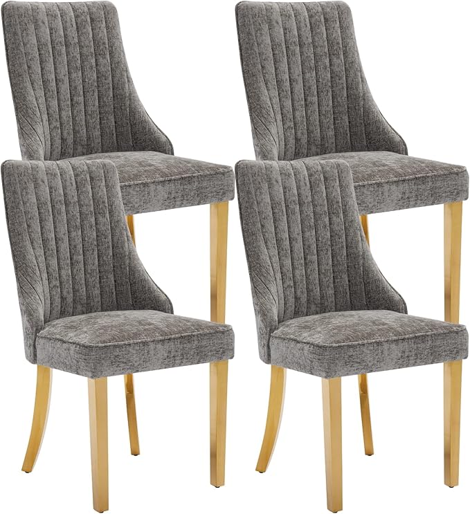 Dining Chairs Set of 4，Modern Channel Tufted Upholstered Dining Chairs with Golden Stainless Steel Legs, Comfortable Chenille Fabric Kitchen Chairs for Dining Room (Grey, 4pc)