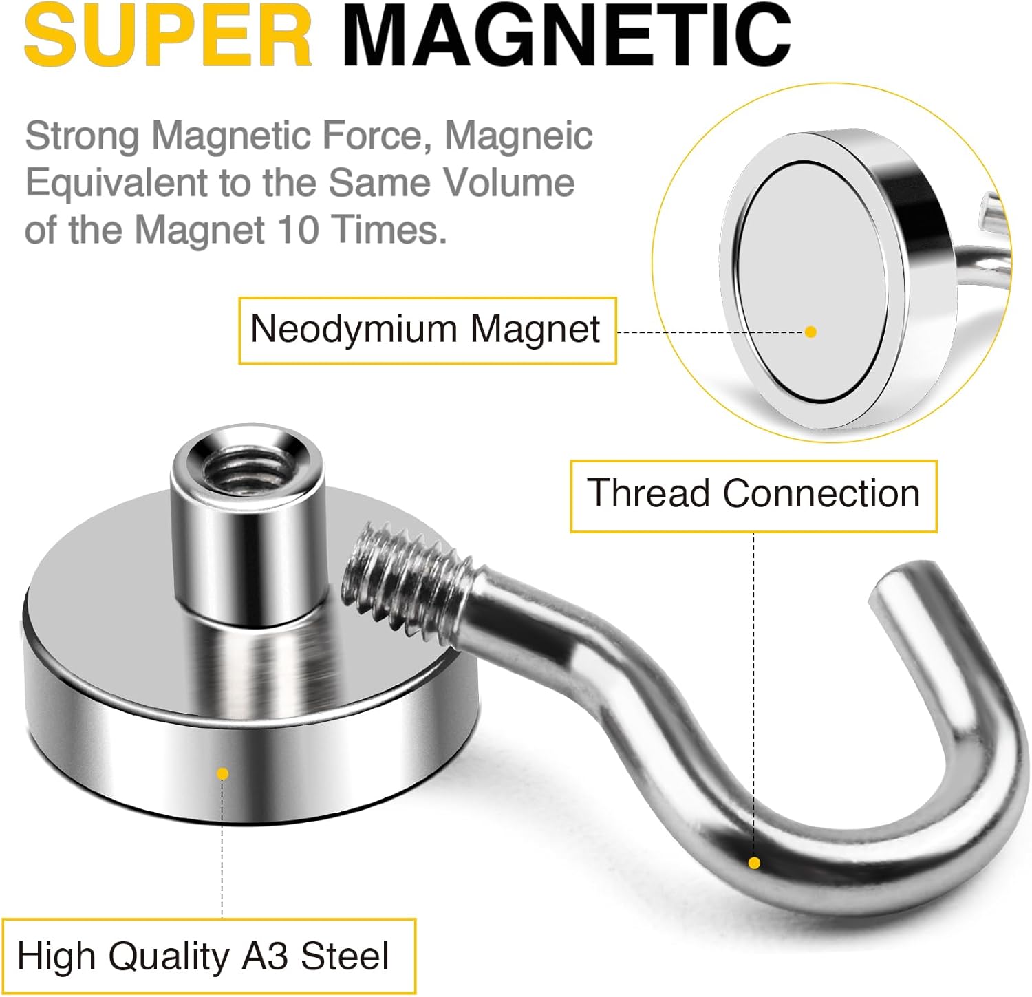 DIYMAG Magnetic Hooks, 50 LB Heavy Duty Magnets, 6 Packs Strong Rare Earth Neodymium Magnet Hook for Hanging, Magnetism Hanger for Curtain, Home, Kitchen, Workplace