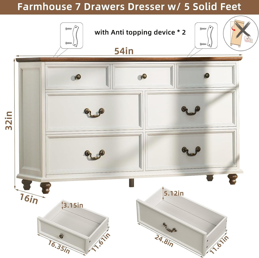 Joaxswe Farmhouse 54" 7 Drawers Dresser for Bedroom, White Wood Chest of...