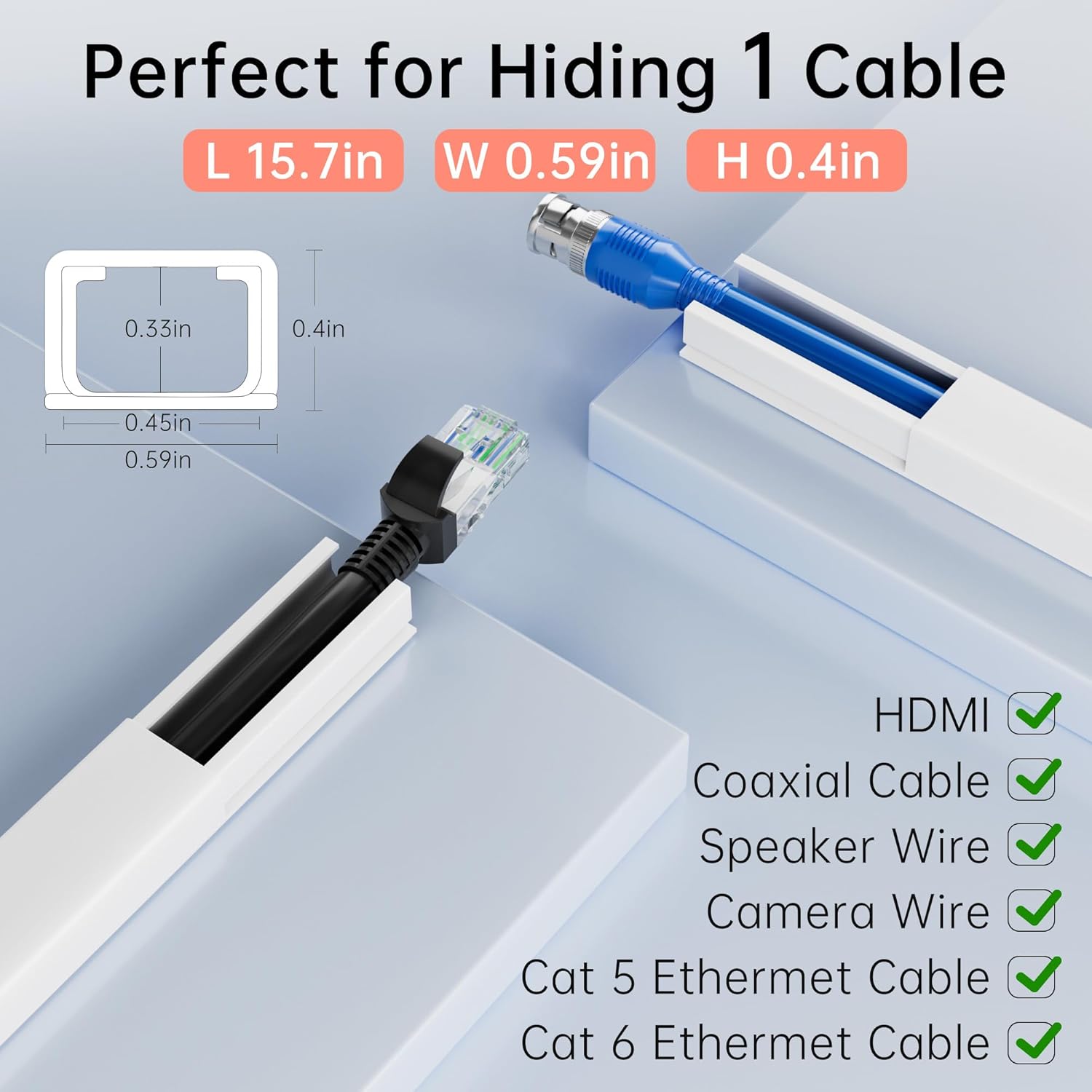Yecaye PVC Wire Covers for Cords on Wall, One-Cord Cable Concealer Kit, Paintable Cable Raceway Management, Cord Hider, Max for 2 Small Cords for Home Office, W0.59in H0.4in