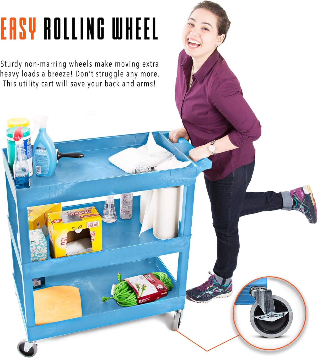 Stand Steady Tubstr 3 Shelf Utility Cart | Made in USA | Heavy Duty Tub Cart Holds Up to 500 lbs. | Storage Cart & Rolling Tool Cart for School, Office, Garage & Warehouse (32 x 24in / Blue)