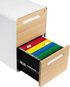 Laura Davidson Furniture Stockpile 2 Drawer Mobile File Cabinet with Lock - Under Desk Metal Filing Cabinet, Legal/Letter File Folders, Wheels and Stationary Feet, Pre-Assembled, White/Wood