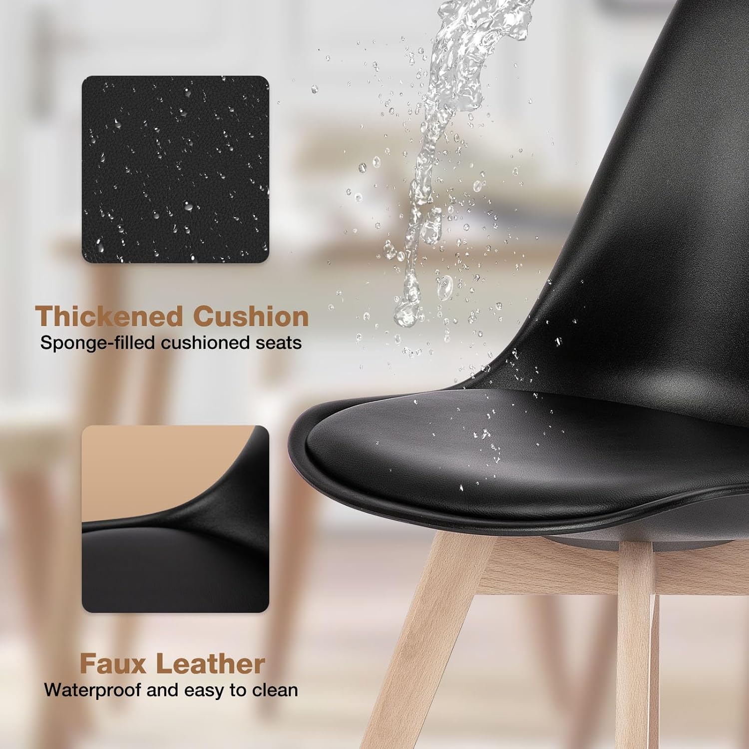 OLIXIS Dining Chairs Set of 4, PU Leather Upholstered Kitchen Chairs with Solid Wood Legs, Mid Century Modern Accent Chair for Living Room, Bedroom, Patio, Black