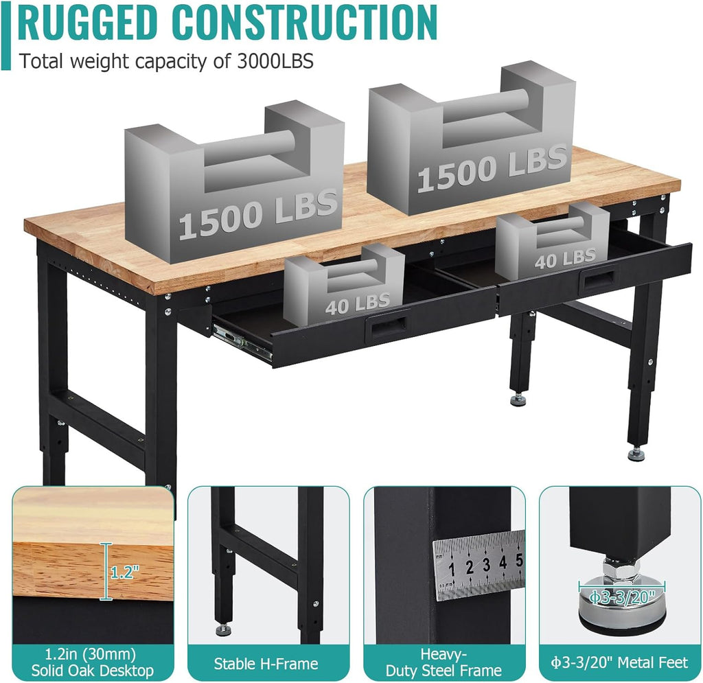 60 Inch Adjustable Height Rubber Wood Workbench, Heavy Duty 3000LBS Work Table with Drawers & Pegboard, Power Outlets for Garage, Workshop, Home Office
