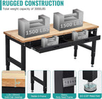 60 Inch Adjustable Height Rubber Wood Workbench, Heavy Duty 3000LBS Work Table with Drawers & Pegboard, Power Outlets for Garage, Workshop, Home Office