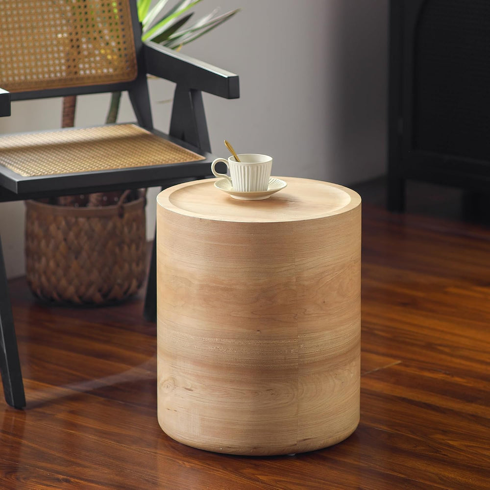 SSLine Round Wood Side Table 15.75" Modern Drum-Shape End Table Creative...