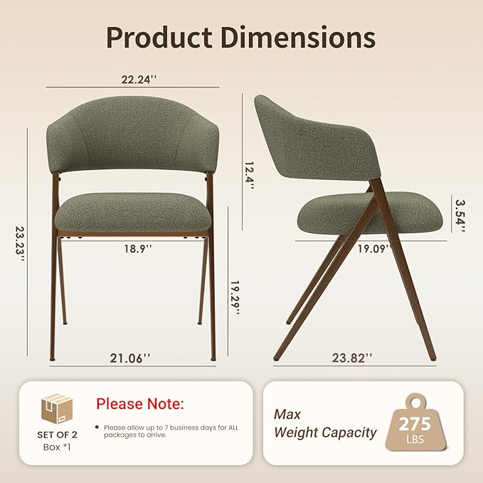 Dining Room Chairs Set of 2, Upholstered Dining Room Chairs, Mid Century Fabric Kitchen Chairs with Curved Backrest and Metal Legs, Green