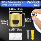 6 Sets Charger Holders for Cords, Gold Adjustable Cable Anchor Holders, Adhesive Metal Cord Clips, Cable Management Wire Organizers for Desk, Office, Nightstand