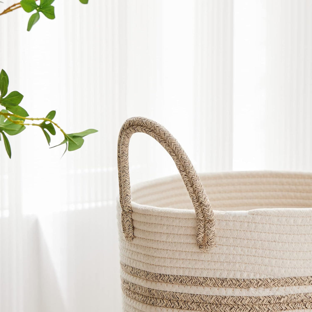 VIPOSCO Tall Laundry Hamper, Woven Rope Storage Basket for Blanket, Toys, Dirty Clothes in Living Room, Bathroom, Bedroom - 30L Brown & White