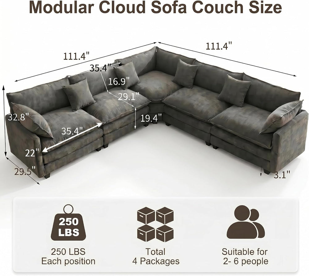 111.4" V-Shaped 5-Seat Sectional Cloud Couch, Chenille Soft Set, Grey | ...