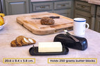 Butter Hub Extra Large Butter Dish with Lid and Knife, European Size Magnetic Butter Keeper, Easy Scoop, No Mess Lid, Plastic, Dishwasher Safe (Black)