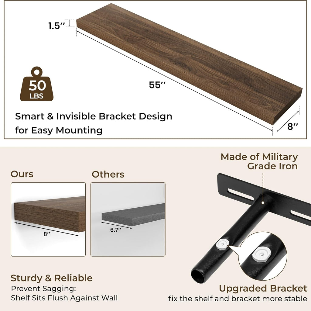 RICHFOCUS 55Inch Floating Shelves for Wall 2 Pack Shelves for Bedroom|Kitchen|Bathroom Wall Mounted Rustic Wood Floating Shelf with Invisible Brackets for Books|Storage|Decor, Walnut