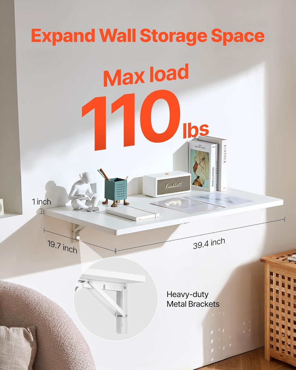 VEVOR Wall Mounted Folding Table, 39.4 x 19.7 inches Wall Mount Table, Floating Desk with Iron Bracket for Small Spaces, Home Office, Dining, Laundry Room, Kitchen, Bar, White