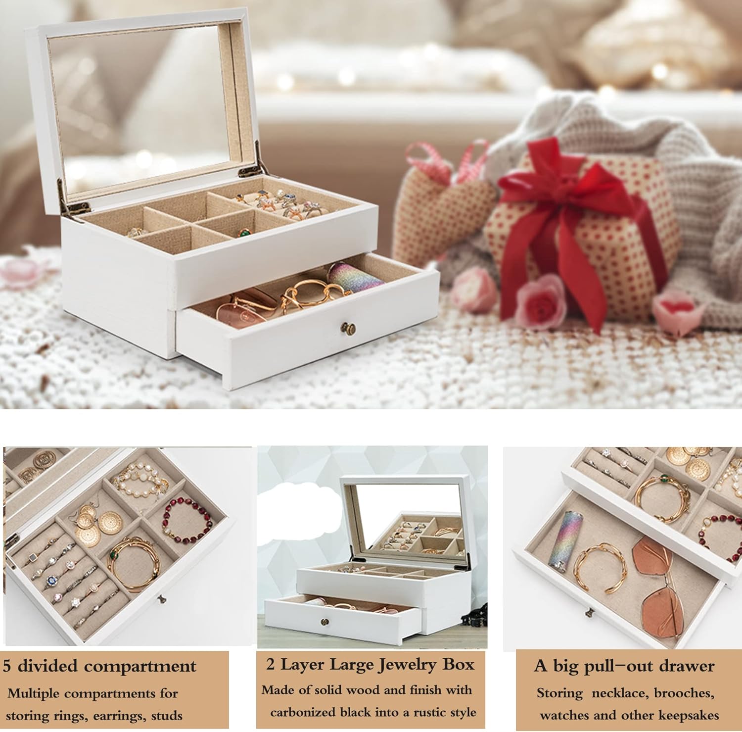 Meangood Jewelry Box Organizer for Women, 2 Layer Large Jewelry Storage Case, Rustic Wooden Jewelry Box with Mirror & Ring Tray for Necklace Earring Bracelets Rings, Vintage Style (White)