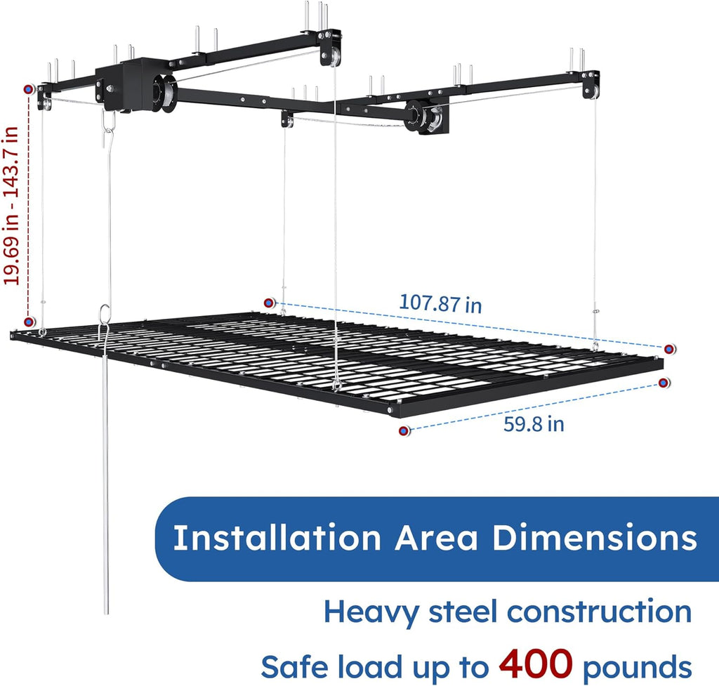 Montary 5x9 FT Overhead Garage Storage Rack for 10-12 FT Ceiling, Adjustable Ceiling Lifting Storage Rack with Safety Lock, 400LBS Capacity All-Steel Construction Heavy-Duty Garage Organizer Rack