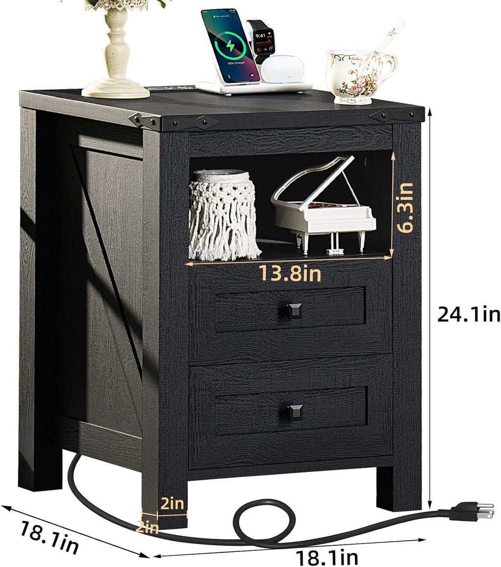 Joaxswe Nightstands Set of 2 with Charging Station and 2 Drawers, Farmhouse | Black Night Stand, Bed Side End Tables, Open Shelf Storage, Bedside Cabinet for Bedroom, Living Room, Closet, Office