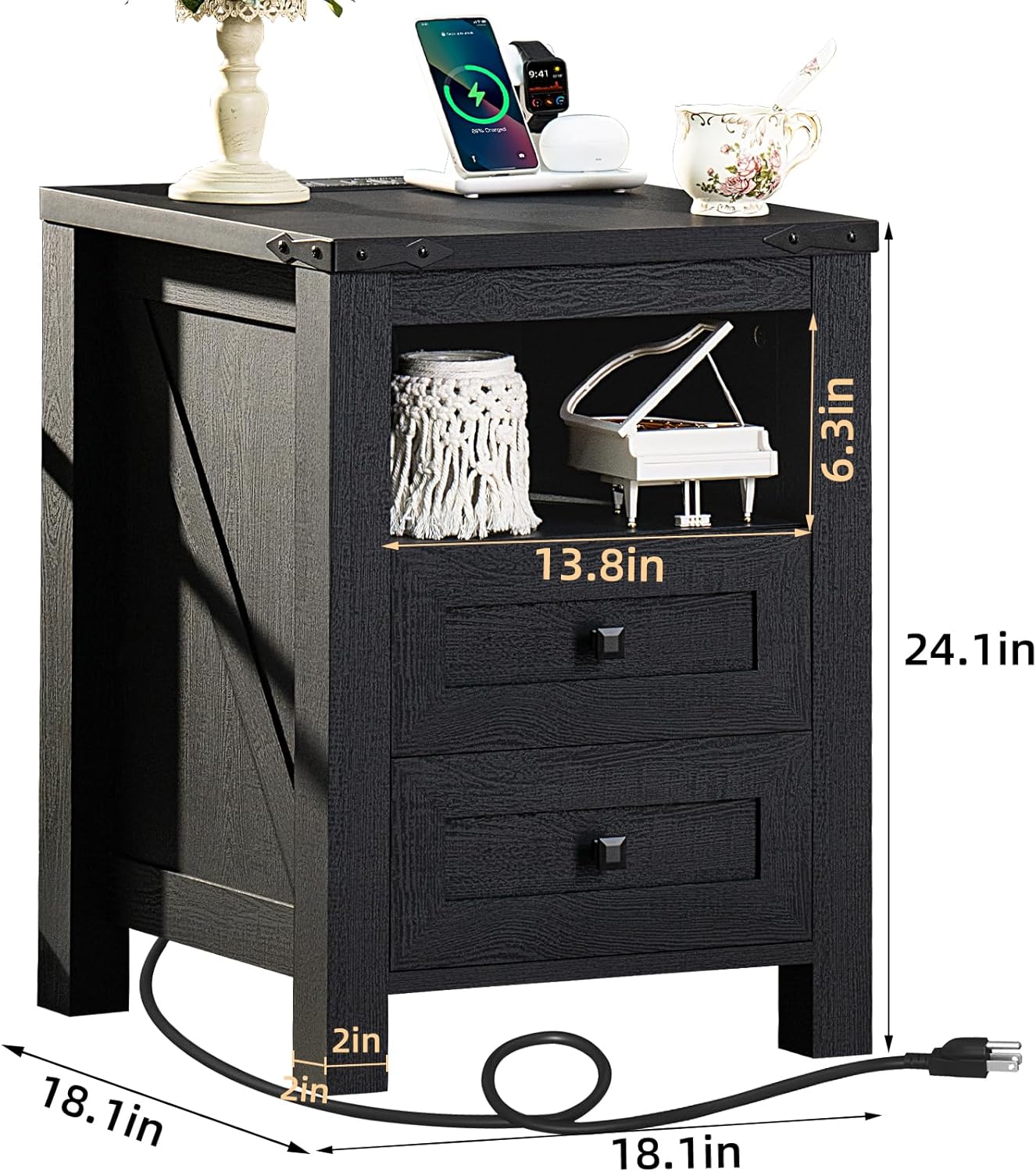 Joaxswe Nightstands Set of 2 with Charging Station and 2 Drawers, Farmhouse | Black Night Stand, Bed Side End Tables, Open Shelf Storage, Bedside Cabinet for Bedroom, Living Room, Closet, Office