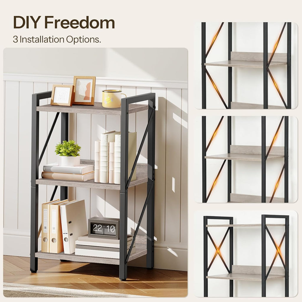 HOOBRO Bookshelf, 3-Tier Industrial Bookcase, Book Shelf Storage Organizer, Small Bookshelf with Metal Frame for Living Room, Bedroom, Home Office, Kitchen, Greige and Black BG71SJ01